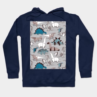 Origami dino friends // pattern // grey linen texture background blue white and beige dinosaurs Hoodie